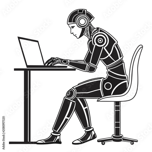 Robot sitting at a desk and typing on a laptop computer with computer, business