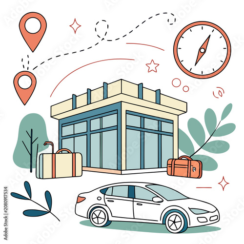 Travel and tourism concept with airport building car luggage and compass