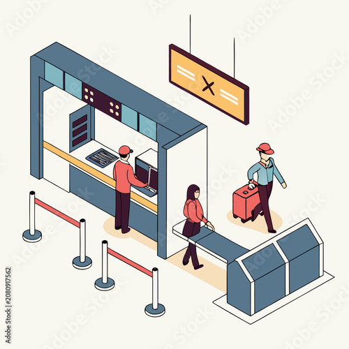 Airport security check and luggage screening isometric graphic with security