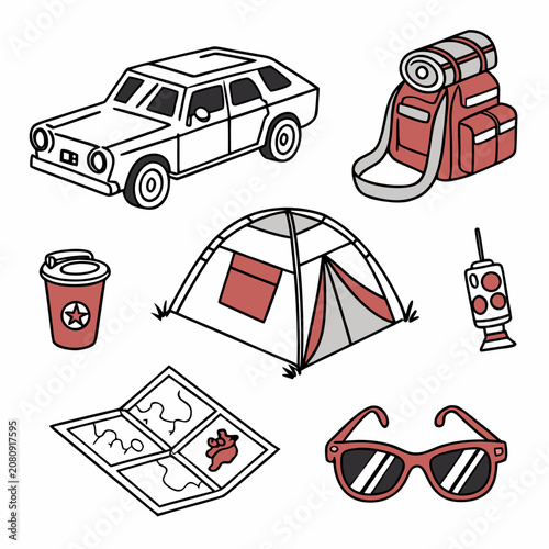 Set of camping and outdoor travel equipment icons with coffee to go, backpack