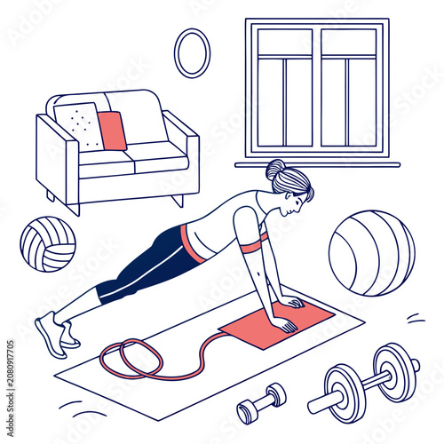 Woman doing plank exercise at home living room illustration with exercise