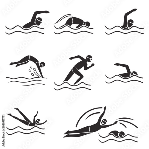 Set of professional swimmer silhouettes in various swimming styles with swimming