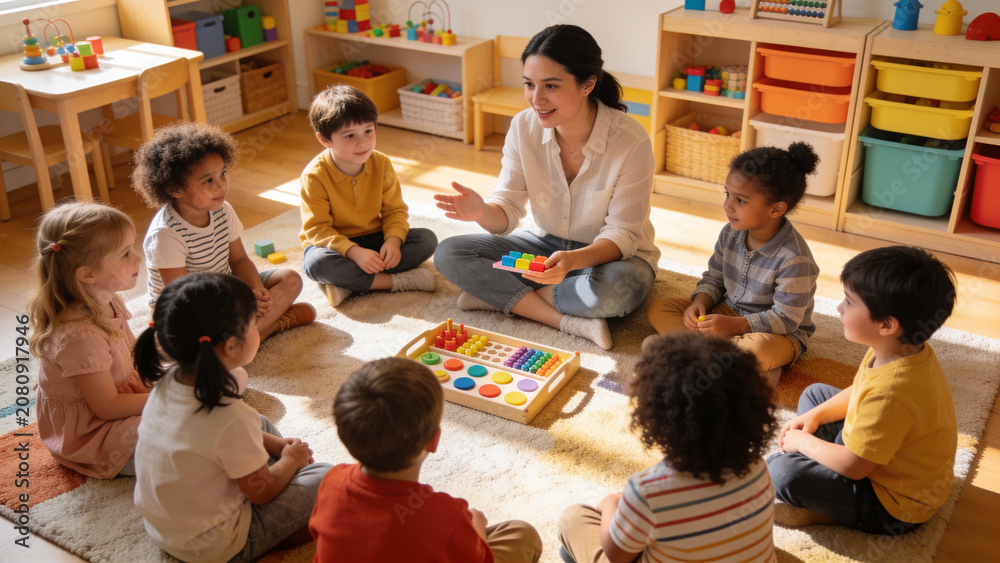 Obraz premium Preschool teacher leading a group of happy children in an educational classroom activity promoting early learning and social development.