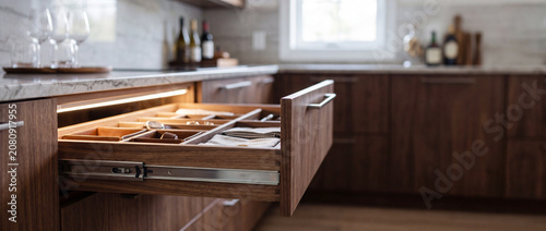Modern wooden kitchen drawer with cutlery organizer and marble countertop in contemporary home