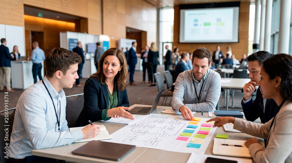 Fototapeta premium Diverse business team collaborating on a project plan at a conference