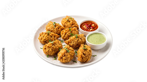 fried chicken kurkure momos served on a round ceramic plate with spicy red schezwan sauce and green mint chutney garnished with fresh coriander leaves isolated on a transparent background 
