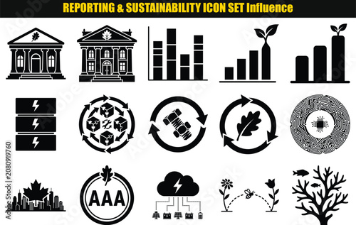 Collection of building facades bar graphs energy storage recycling and botanical elements in a two tone style architecture buildings facade