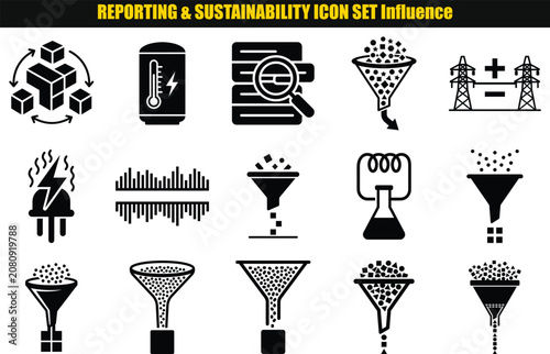Collection Of Energy And Environmental Pictograms Dark Monochrome Style Isolated On Light Surface sustainability reporting influence power electricity environment ecology