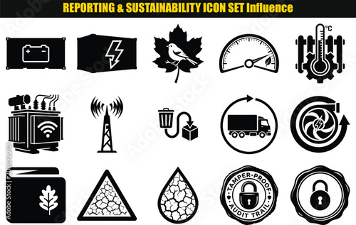 Collection of energy environment and security pictograms in a dark monochromatic style source power supply lightning bolt leaf bird gauge