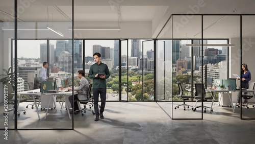 Diverse business professionals working in a modern open plan office with glass walls featuring a panoramic city view ideal for contemporary corporate environments