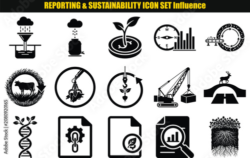 Collection Of Sustainability Concepts Including Seedling Wind Turbine And Dna Strand Two Tone Style ecological balance environmental awareness renewable energy