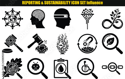 Collection Of Reporting And Sustainability Pictograms Featuring Human Figures Technology And Natural Elements influence globe brain circuitry helmet funnel leaves