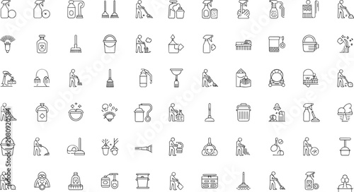 Tableau sur toile Cleaning service and housekeeping line icon mega set with vacuum mop spray bottl