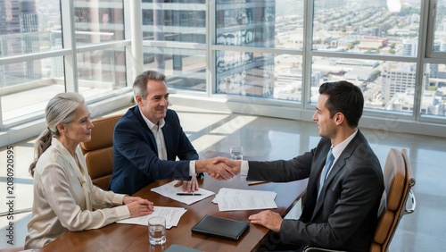 Business professionals shaking hands in a modern office with a city view symbolizing a successful agreement partnership or financial consultation