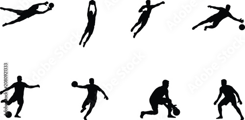 Quadro su tela Handball Player Silhouette Collection Featuring Goalkeeper Saves Throwing Dribbl