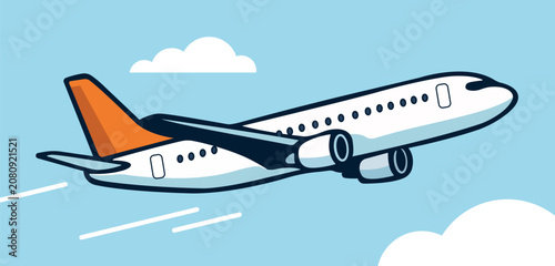 Passenger jet aircraft soaring above clouds in a clear blue sky, representing air travel, aviation, transportation, and global connectivity.