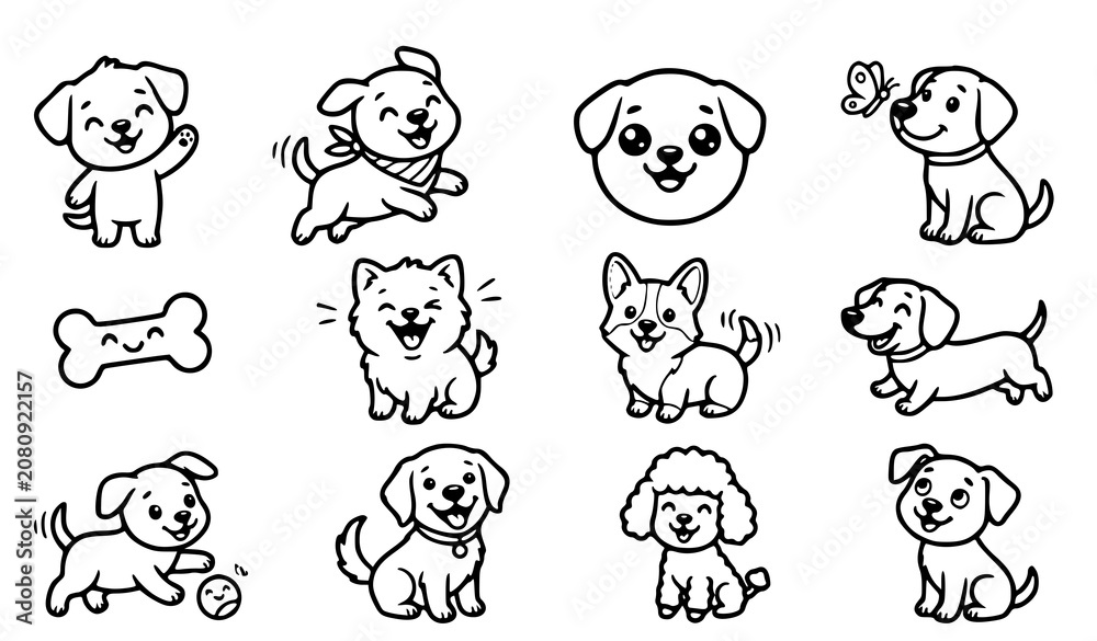 Obraz premium Cute Puppy Dog Cartoon Collection with Different Poses Playing Sitting Running and Smiling Outline Illustrations
