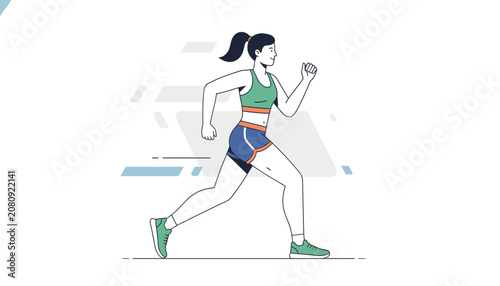 Young woman in active sportswear jogging on a neutral background representing fitness and healthy exercise lifestyle habits.