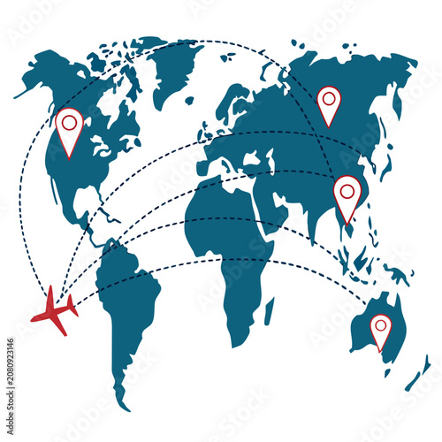 Global air travel routes on world map with destination location pins, location