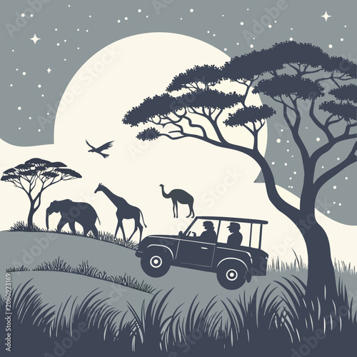 Photography Safari tour vehicle viewing wild animals on savanna at night with wildlife