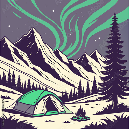 Camping tent under majestic northern lights and snowy mountain peaks at night