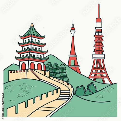 Asian landmark architecture featuring pagoda and tall towers on green hills