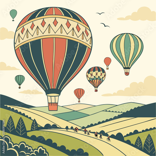 Colorful hot air balloons floating over countryside valley and hills