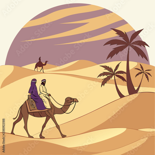 Camel caravan riding through arid sandy desert landscape illustration