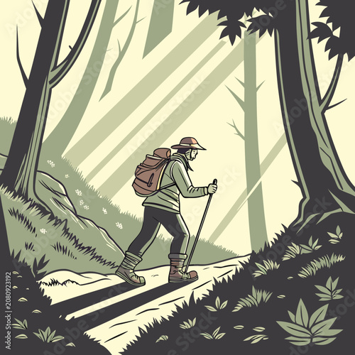 Solo hiker walking on forest path during sunny day illustration with backpack