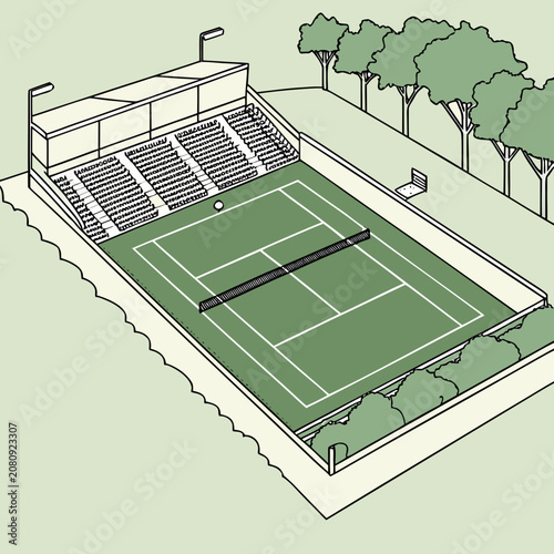 Isometric tennis court illustration with surrounding trees and spectator