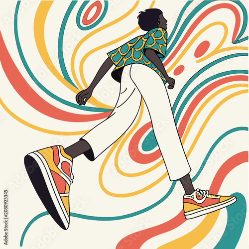 Abstract illustration of a person walking amidst colorful swirling lines
