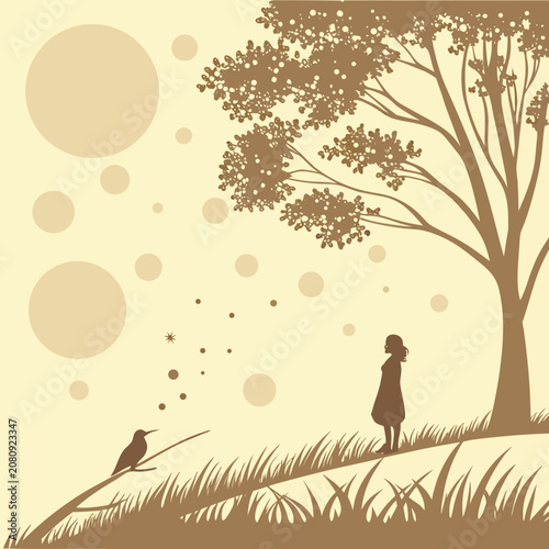 Silhouette of a girl standing near a tree and bird in a dreamy landscape