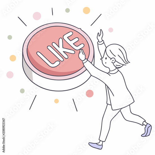 Person interacting with a large like button for social media engagement