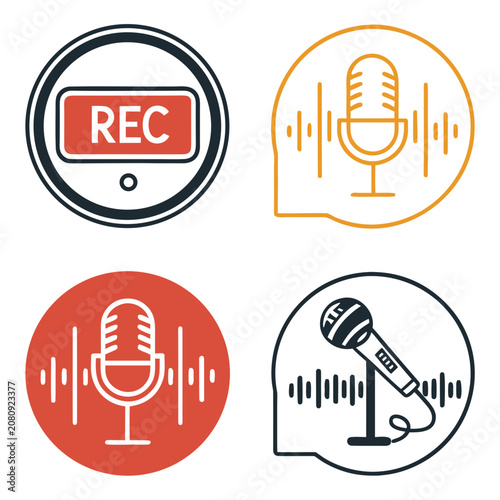 Podcast recording microphone icons with audio wave frequency visuals, microphone