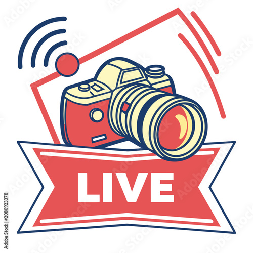Live streaming camera logo with broadcast notification and banner design