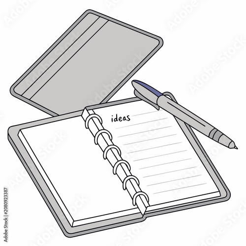 Open notebook with ideas written on page and a pen for creative planning