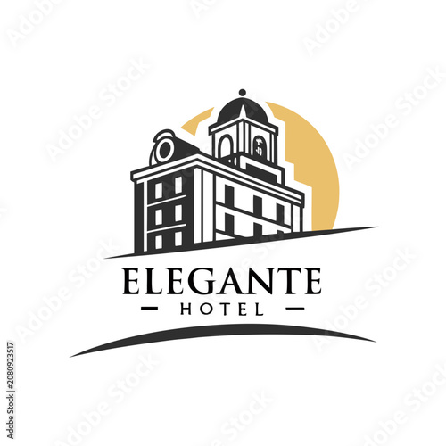 Elegante hotel logo design with building silhouette and golden circle background