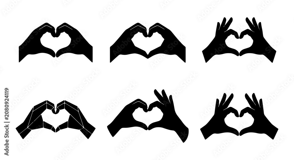 Fototapeta premium Heart hand gesture vector set, black silhouette hands making heart shape, love icons