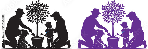 Family Tree Planting Silhouette Vector Collection Showing Parents and Children Gardening Together for Environmental Conservation and Sustainable Living Concepts