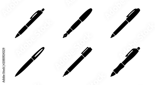 Fotografie Six Black Silhouette Pens, Writing Instruments Collection, Office Supplies Icons