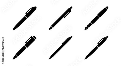 Fotografie Six Black Pen Icons, Writing Instruments Set, Stationery and Office Supplies Col