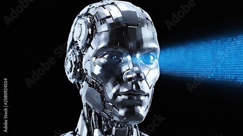 Futuristic ai robot head with glowing blue eye and light beam