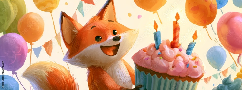 Fototapeta premium Cheerful Fox Celebrating Birthday with Giant Cupcake and Colorful Balloons in Whimsical Party Scene