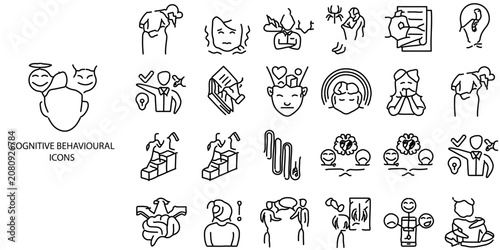 Schilderij op canvas Cognitive Behavioral Line Art simple concept 24 Black and White color icons set