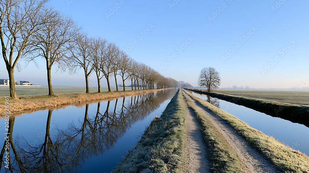 Obraz premium Serene winter canal path with bare trees reflect on calm water, a frost-covered landscape under a clear blue sky, quiet natural scenery