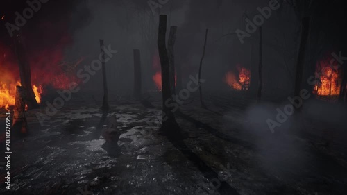 Lingering Flames and Ground Fog in Burnt Forest at Night