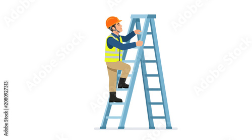 Construction worker climbing a ladder, safety gear, white background