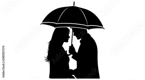 Couple sheltering under an umbrella black silhouette