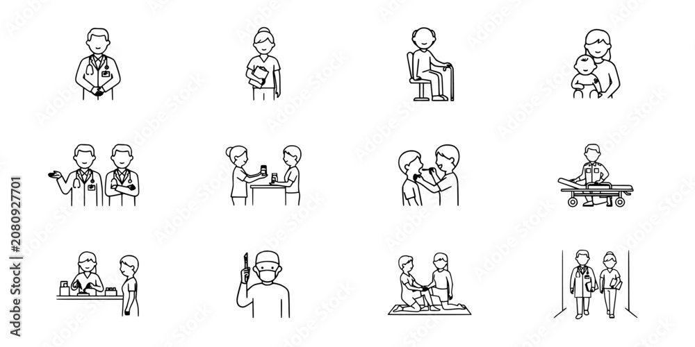 Fototapeta premium Doctors and Patients in Various Medical Scenarios Depicted in Simple Line Drawings Featuring Doctor, Patient, Healthcare