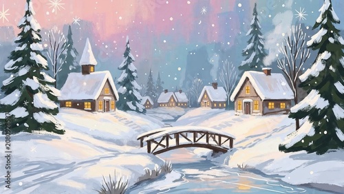 Cozy winter village illustration with snow covered houses and bridge